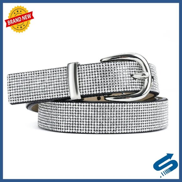 Sparkling Rhinestone Belt for Dresses, 1-Inch Silver Belt for Women